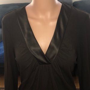 INC Brown top with satin V-neck and poet sleeves.